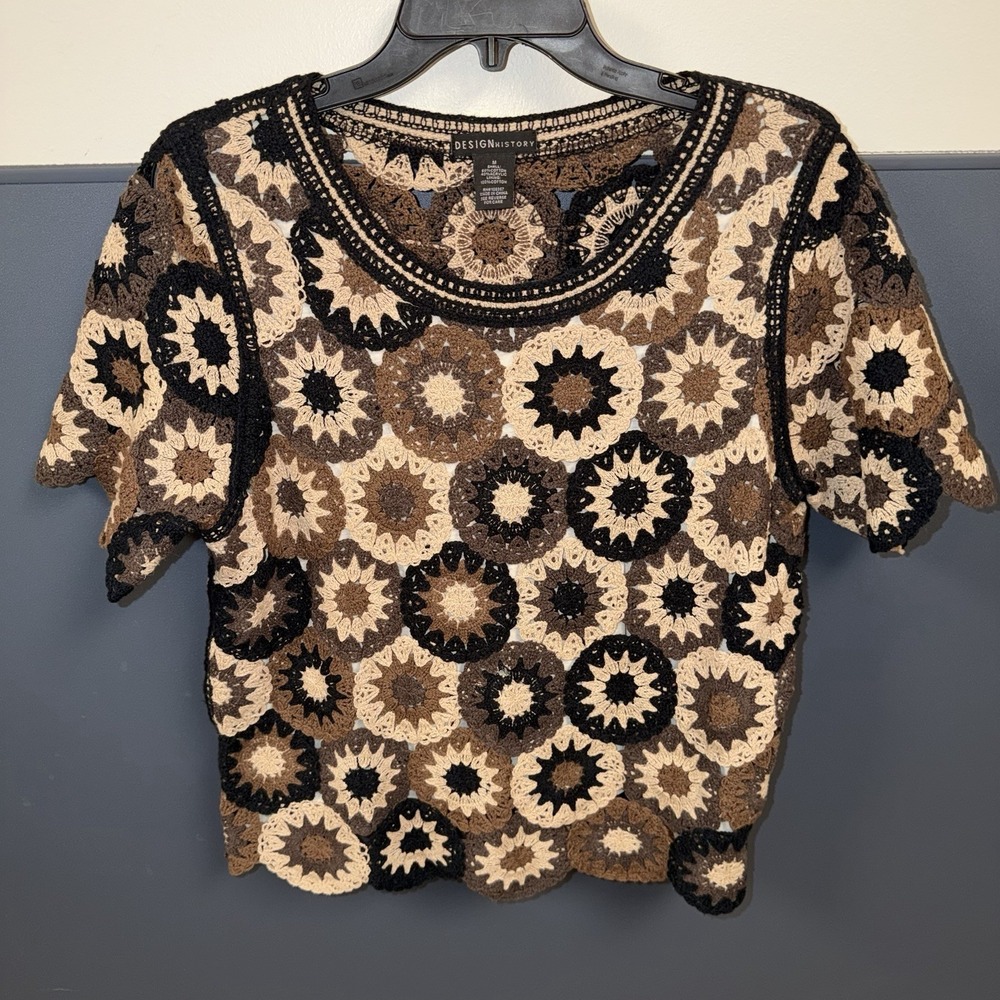 Design History Crochet Hippie Women's M Brown Beige‎ Retro Boho Floral Scallop